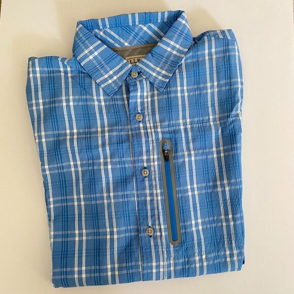 L.L.Bean Shirt M Blue & White Plaid Long Sleeve Tall Rob Button Up Pocket - Picture 12 of 13